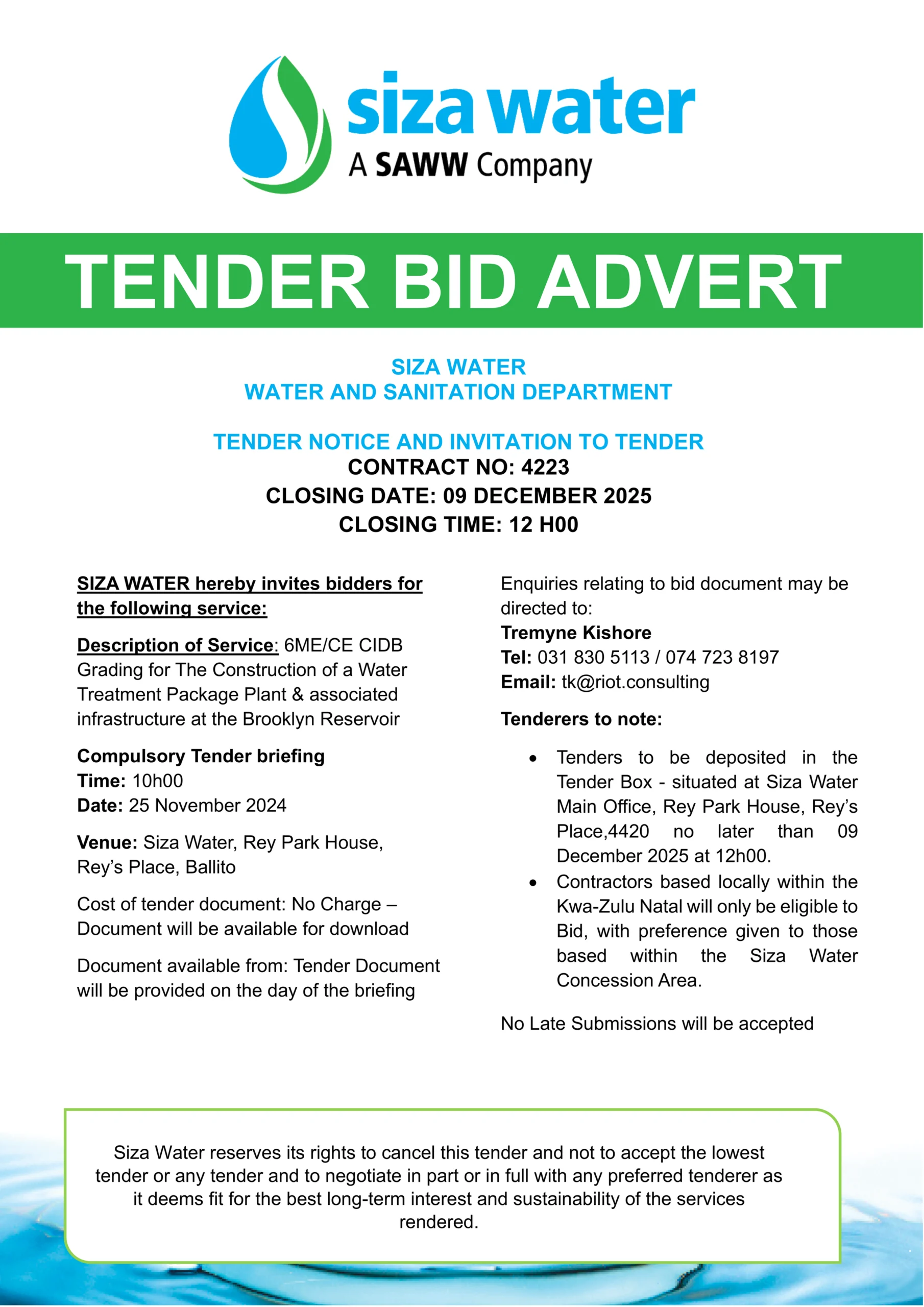 Tender+Bid+Advert+Construction+of+a+Water+Treatment+Package+Plant